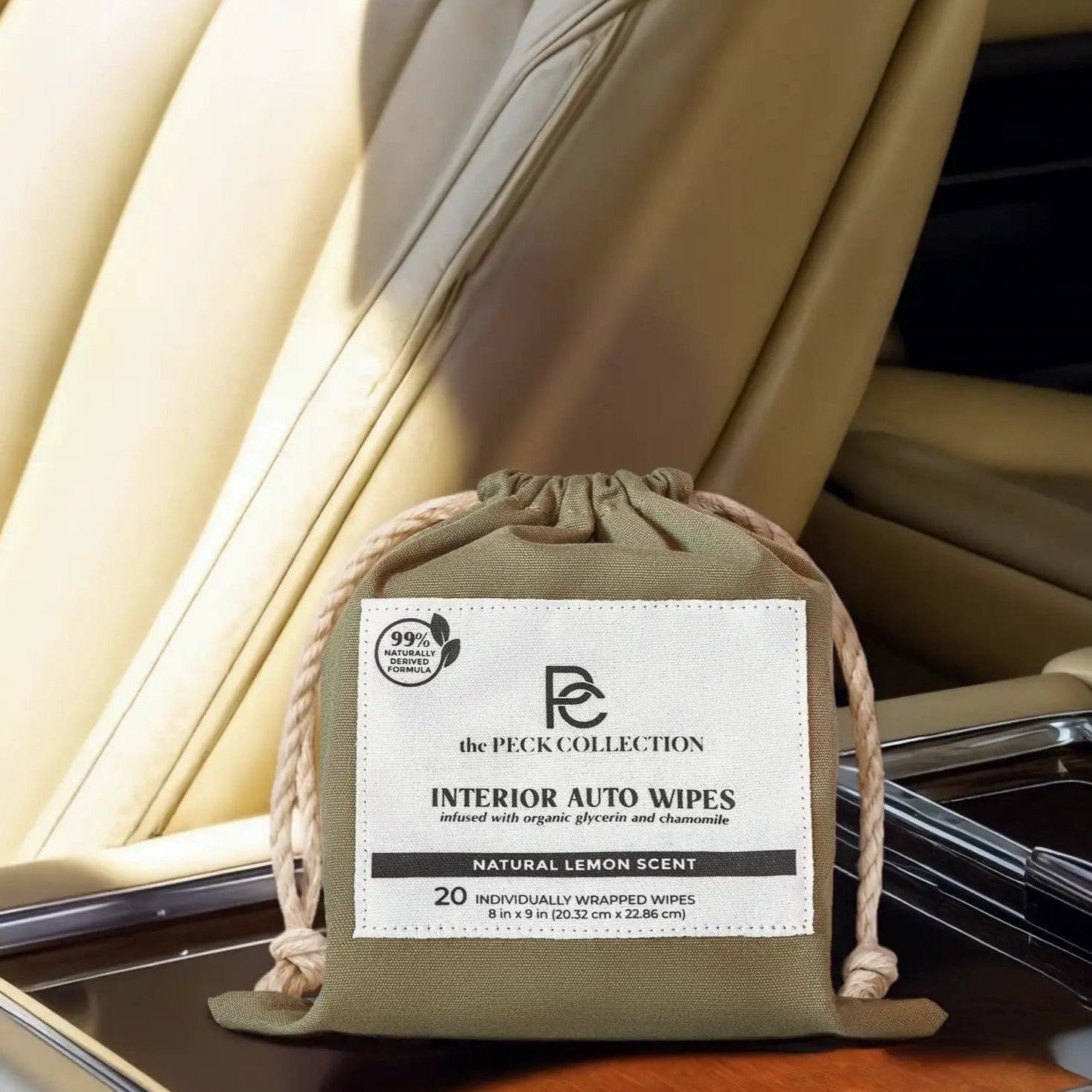 natural interior auto wipes cotton bag on car console in a luxury interior