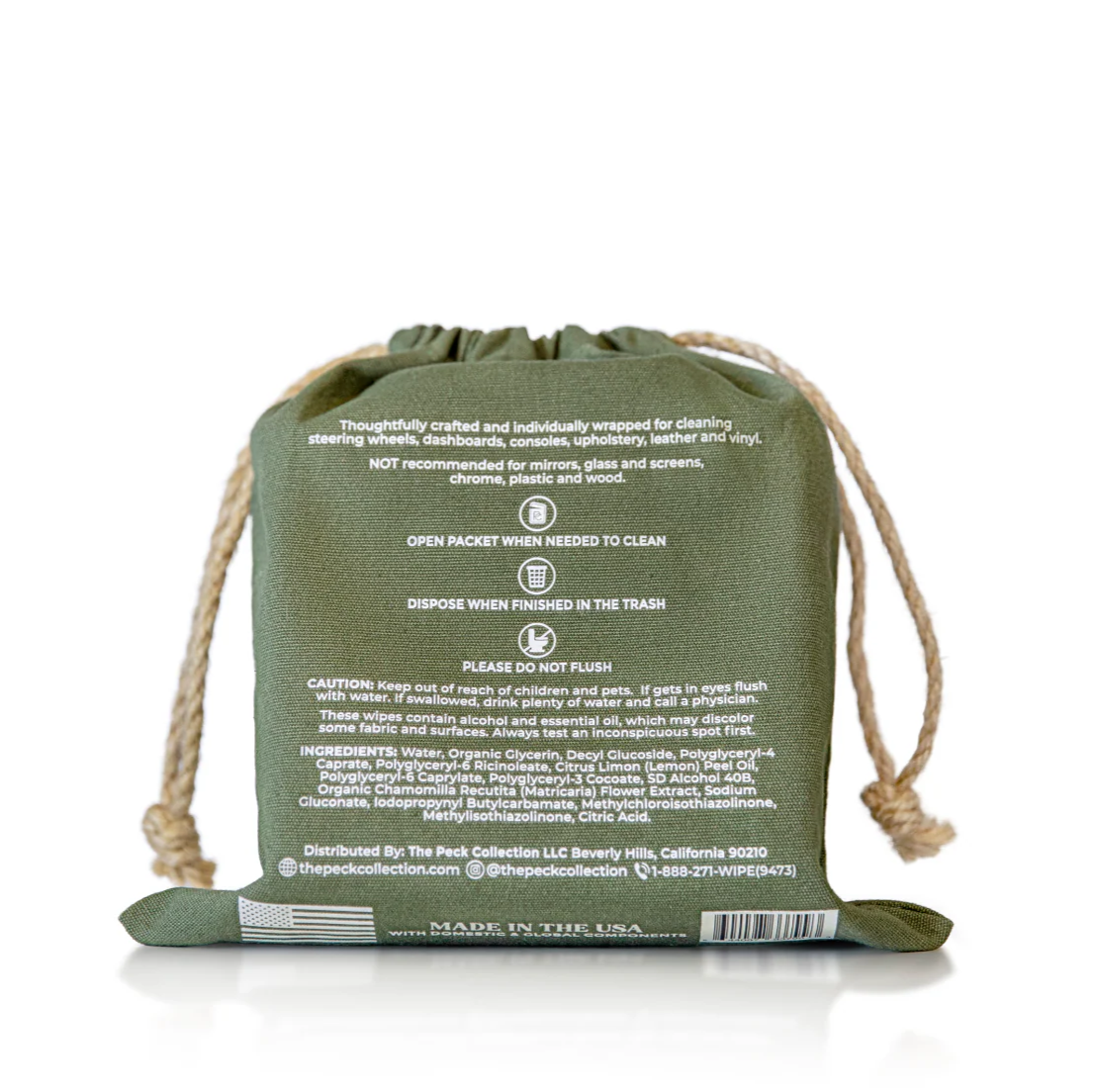 Back of the PECK COLLECTION Interior auto wipes bag showing ingredients and Made in USA with domestic and global components